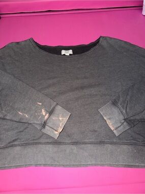 Aerie Charcoal Grey Wash Wide Neck Crop Sweatshirt Medium Distressed Flaw